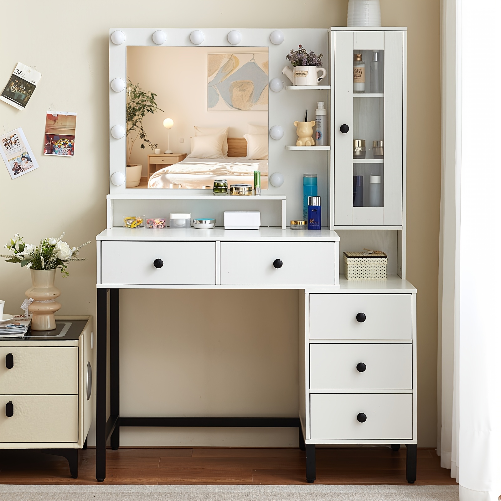 Image of New Ladies' Gifts For Halloween A Dressing Table With Features Such As Multiple Led Lights, 3 Color , A Mirror With Adjustable Brightness, Drawers, Of Open Shelves, And Storage Space