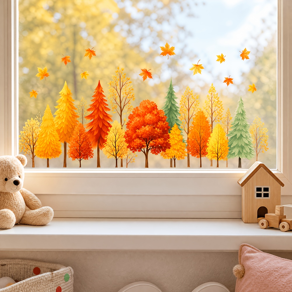 TEMU 1pc Autumn Forest Maple Leaf Electrostatic Window Sticker Golden Autumn Falling Leaves Adhesive-free Window Decoration Home Autumn Atmosphere
