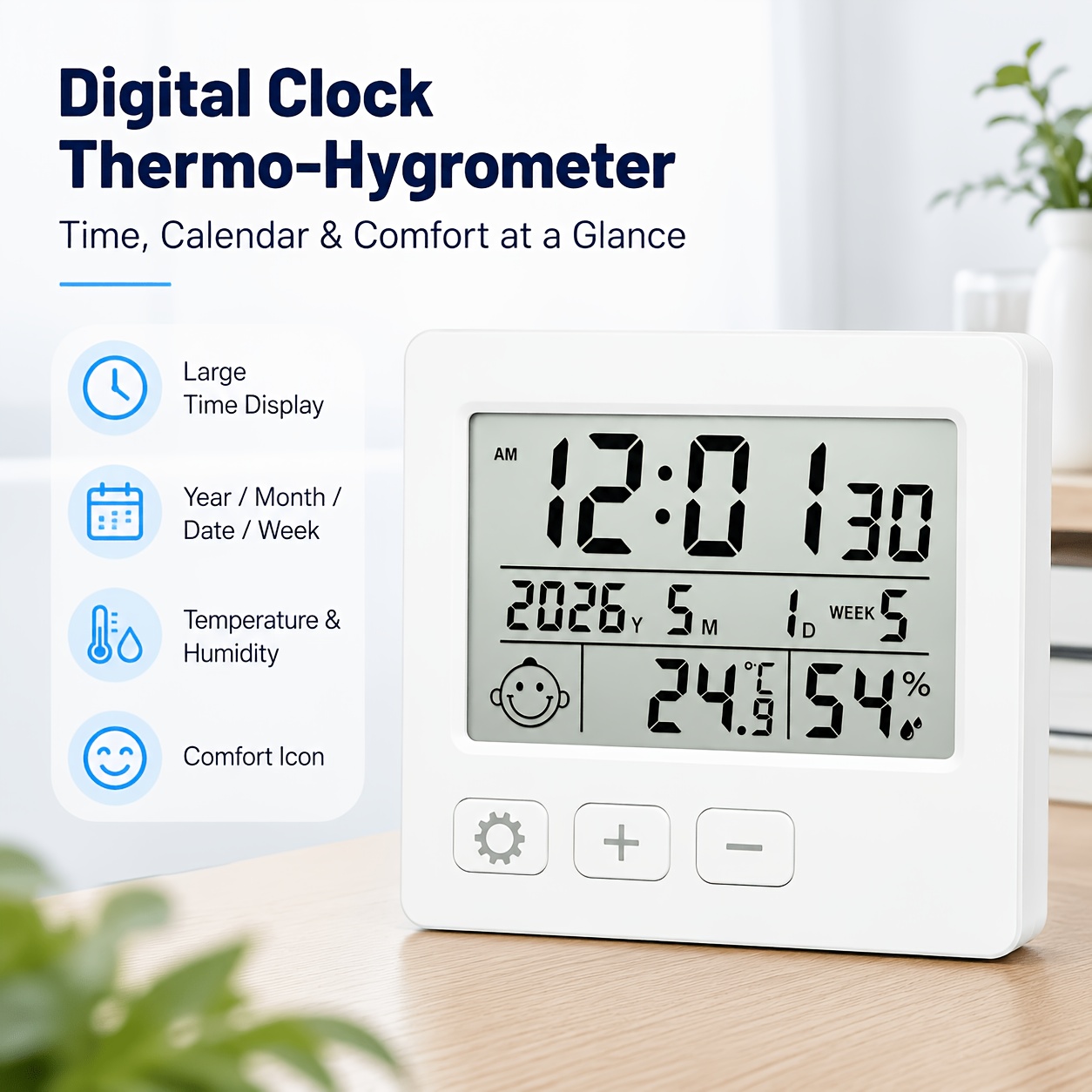 TEMU Digital Alarm Clock Thermometer Hygrometer, Lcd Desk Clock With Year Month Date Week Calendar, Indoor Temperature Humidity Monitor, Aaa X2
