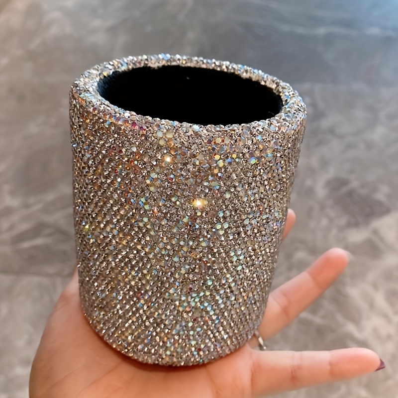 Luxury Rhinestone-encrusted Leather Storage Bucket - Multipurpose Organizer For Office, Makeup Brushes & Accessories, Shelf Baskets