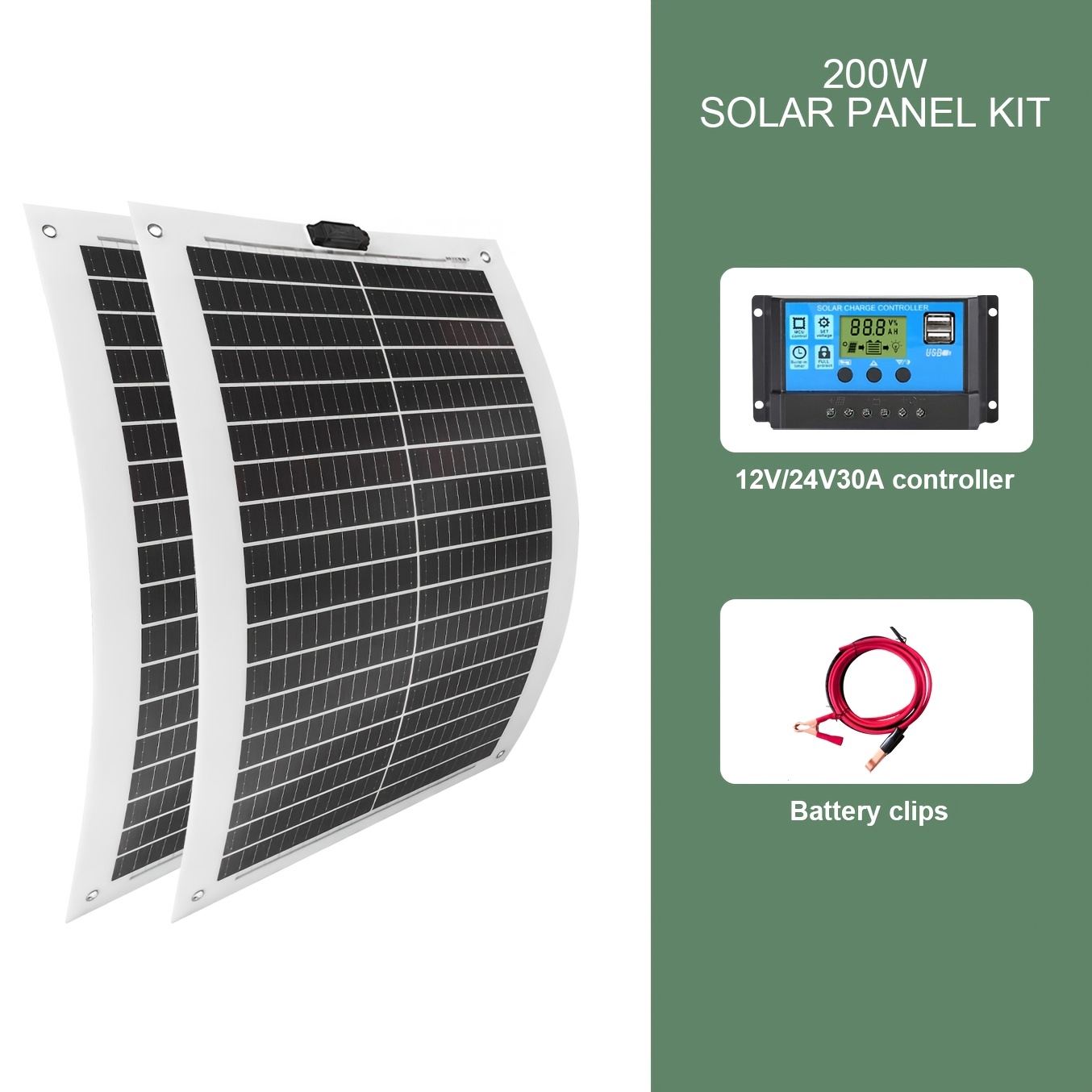 Image of 100w/100w*2 Flexible Solar Panel Kit | Includes Charging Controller And Crocodile Clip Photovoltaic Connector Cable, Charging On Boats, Campers, And Cabins, Ultra-thin Design, To Fit Curved Surfaces