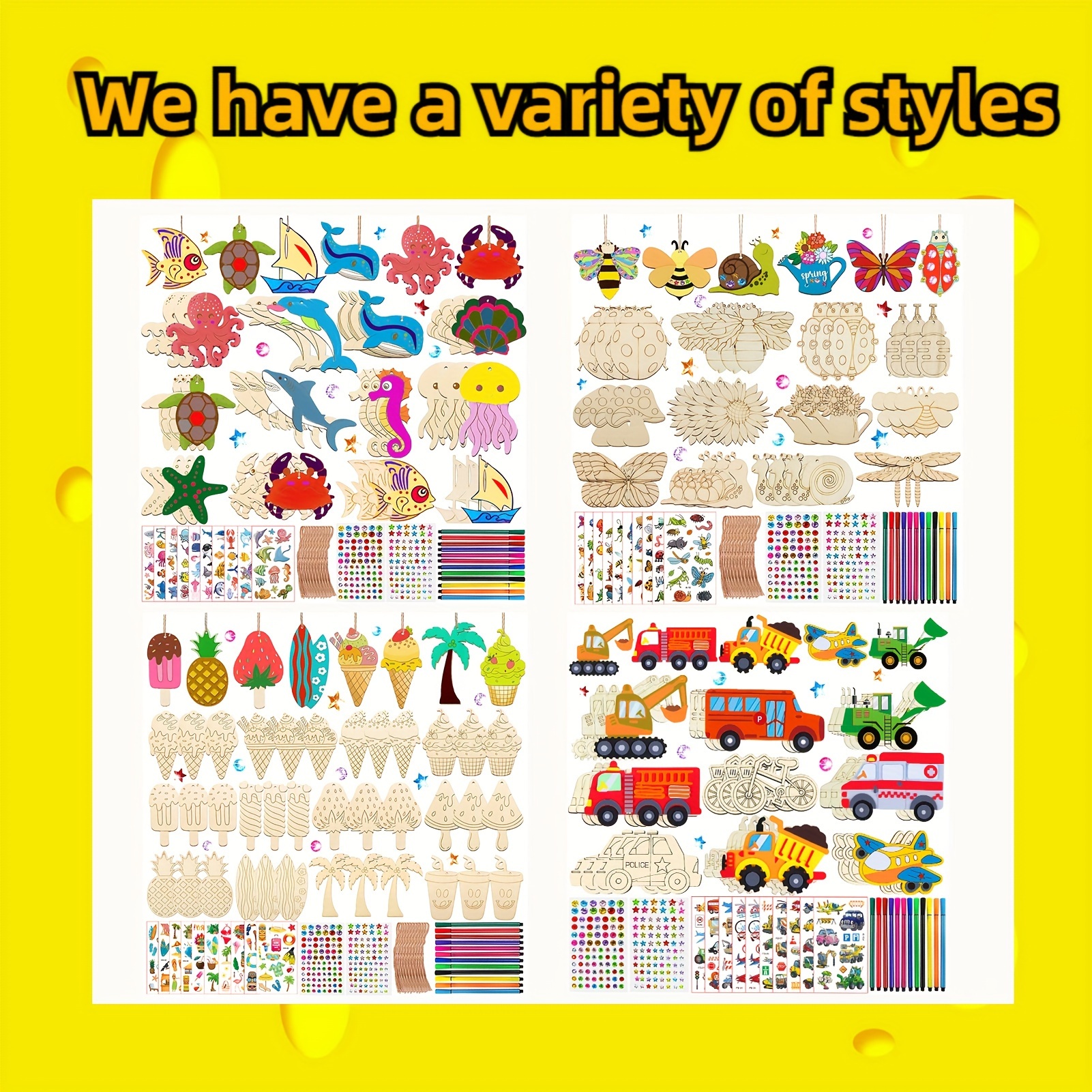 a set of 288 wooden insect themed crafts for kids including 36 insect wooden blocks 12 watercolor pens 202 rhinestones and 2 stickers   diy birthday crafts details 2