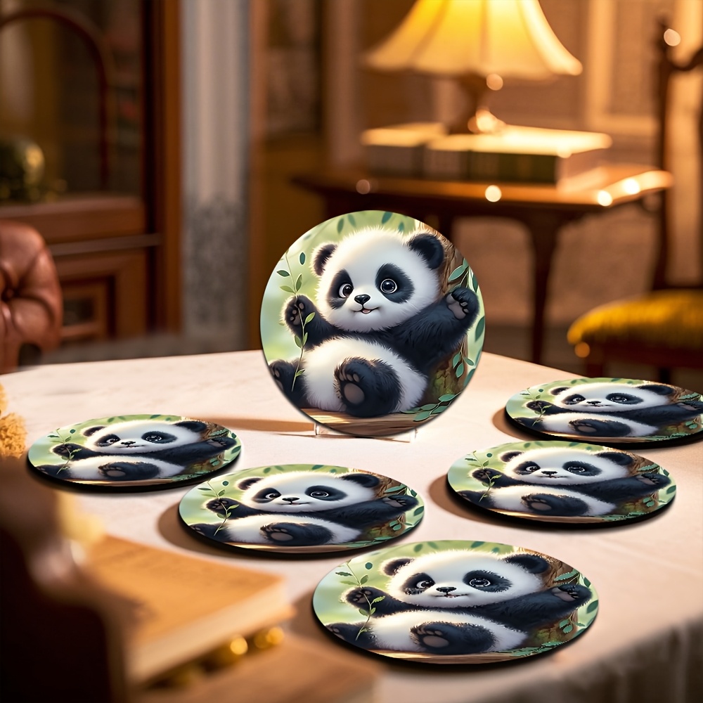 TEMU 6pcs Panda-themed Coasters Suitable For Restaurants, Bars, Camping - Reusable Wood Heat-resistant Pads With Cute Panda, Table Protectors For