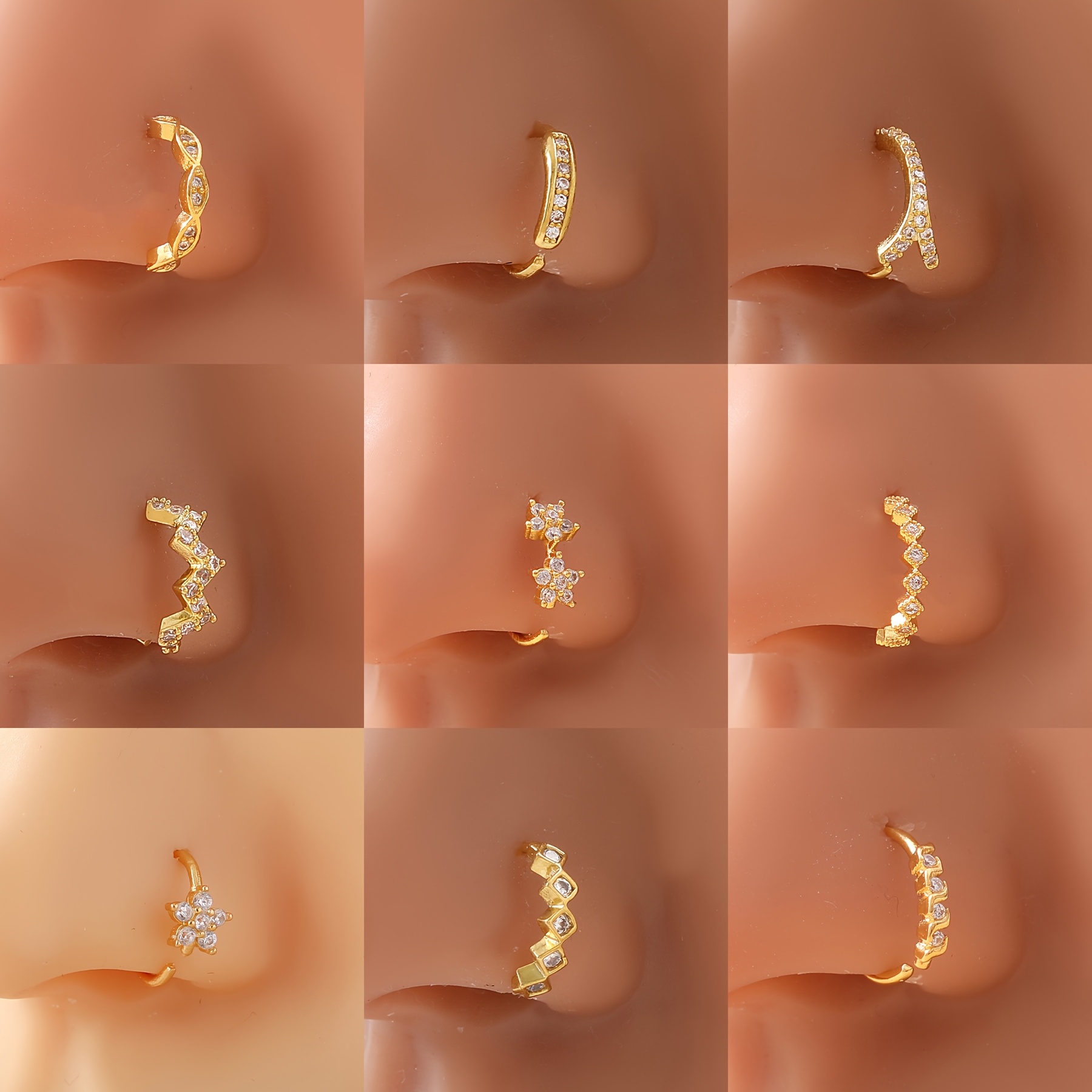 Image of 9pcs Set Minimalist Bohemian Copper-inlaid Synthetic Zirconia Pierced Nose Ring With Plum , Wavy, Square Spliced, And Braided Twist Styles - Sexy Decorative Rings For , Vacation, Or Party Gift