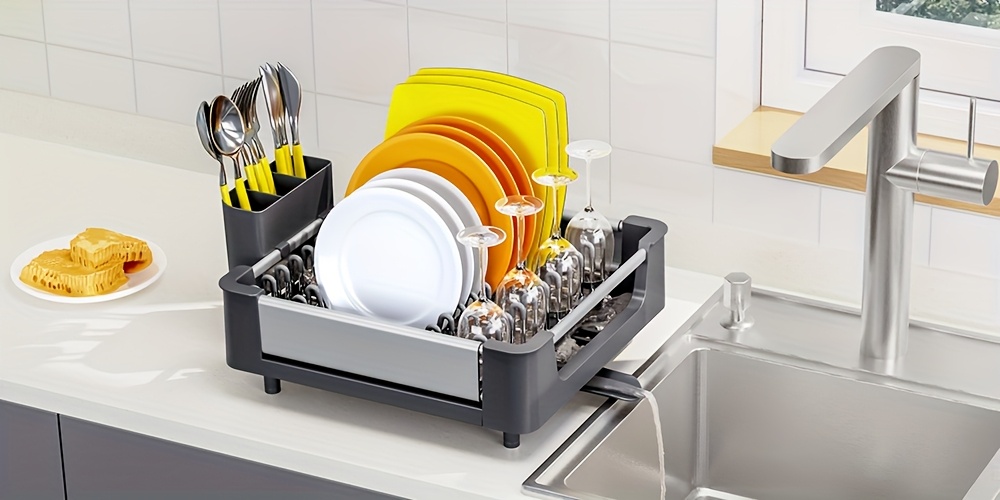   expandable foldable dish drying rack with cutlery holder swivel drain spout adjustable space saving aluminum kitchen organizer compact storage grey sleek     water drainage dish drying rack for kitchen counter Product details 3