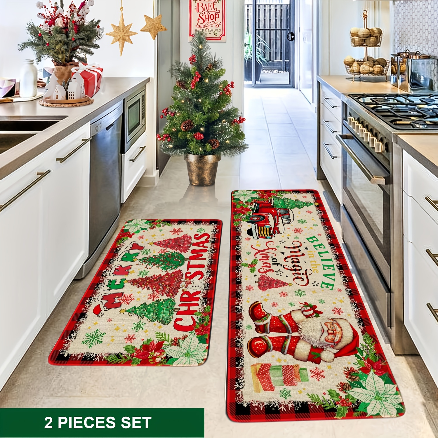 2pcs set christmas themed kitchen floor mats christmas kitchen rugs set of 2 santa claus farmhouse truck red   pattern christmas kitchen decor machine washable great for kitchen home office laundry room bathroom   christmas   flange 0 47 inch floor mat Product details 1