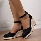sandalias de cuña con correa en el tobillo para mujer, color negro, punta redonda y de cuerda - zapatos elegantes para vacaciones en , calzado de | correa delgada al tobillo | tejida de cuerda