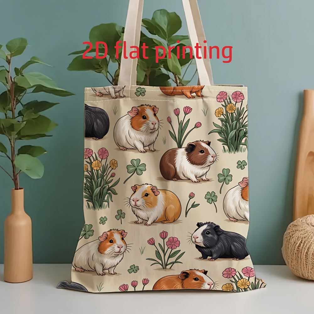 TEMU 2d Flat Unisex Canvas Tote Bag With Cute Guinea Pig Pattern, Shoulder Handbag For Casual Vacation Shopping Fitness Grocery Travel - Ideal Gift,