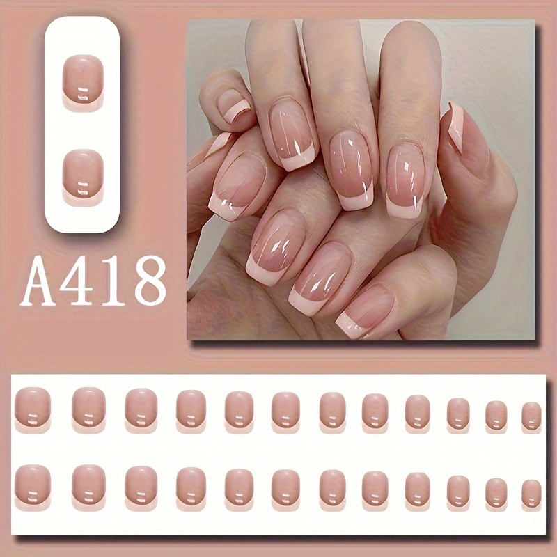 24pcs glossy short square fake nails tender pink french tip press on nails ombre nude color false nails for women girls daily wear details 3