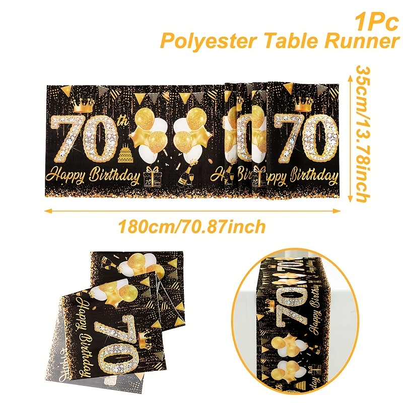 E-shop ., Schwarzer und goldener 70. Geburtstag Tischläufer, 180*35 cm, Schwarzes und goldenes Ballon-Diamant-Design Polyester Tischflagge, Happy