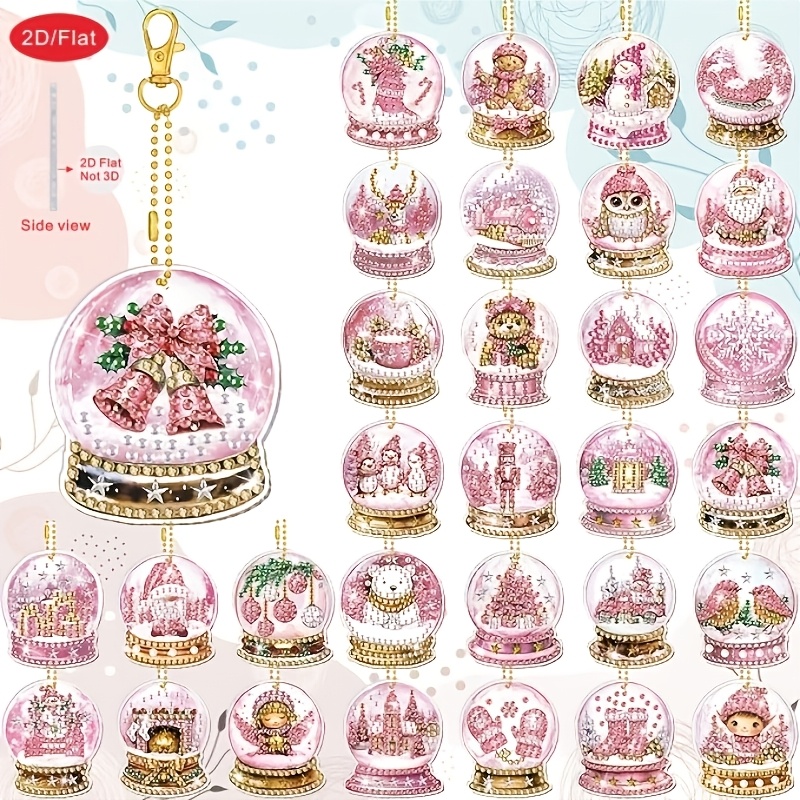 TEMU 2d/flat 30pcs Christmas Pink Crystal Ball Themed Keychain, Christmas Holiday Decor Set, Suitable For Adults 5d Rhinestone Hanging Keychain,