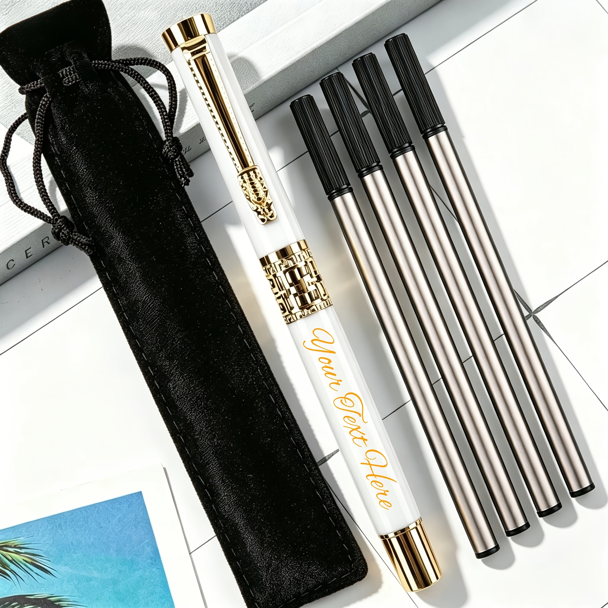 TEMU 1pc Pen And 4pcs Replacement Nibs And 1pc Velvet Pen Bag, Hollow Bright Metal Pen Set, Free Engraving, Perfect For: Office, School, Daily Use,
