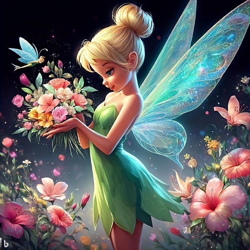 

5d Kit For Adults - Tinkerbell With Flowers, Acrylic Diamond Art Craft Set For Beginners, Diy Wall Decor