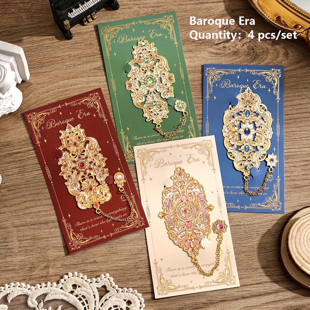 TEMU 4 Pack Vintage Baroque Metal Bookmarks - Large Hollow Gemstone Design With Elegant Chain Tassel, Unique For Book Lovers, Teachers, Collectors -