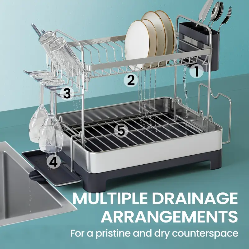 2 tier dish drying rack with rotatable drain spout kitchen counter dish rack with extendable drain spout dish drainer for utensils cups glasses cutting boards space saving and easy to assemble new year gift valentines day gift Product details 2