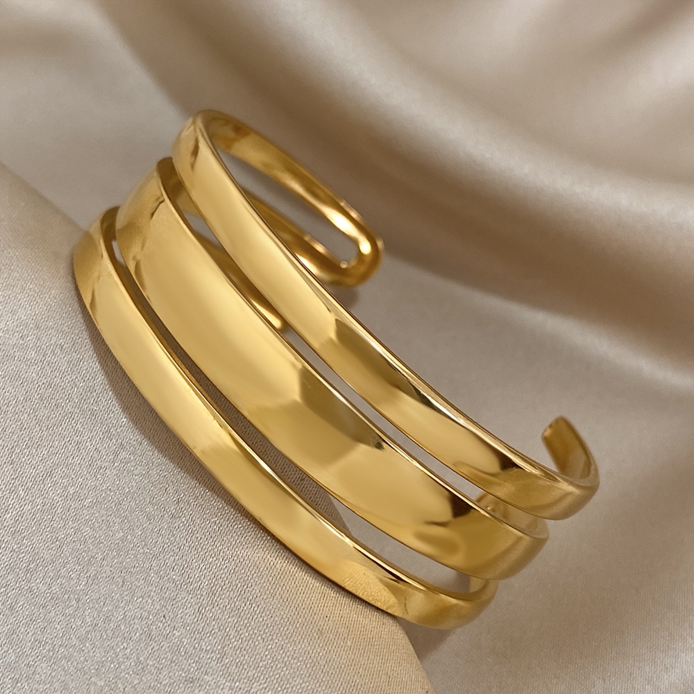 Image of 1pc Chunky Glossy Stainless Steel Opening Cuff Bracelet For Women Men Easy Cuff Wristband Waterproof Minimalist Party Jewelry Gifts