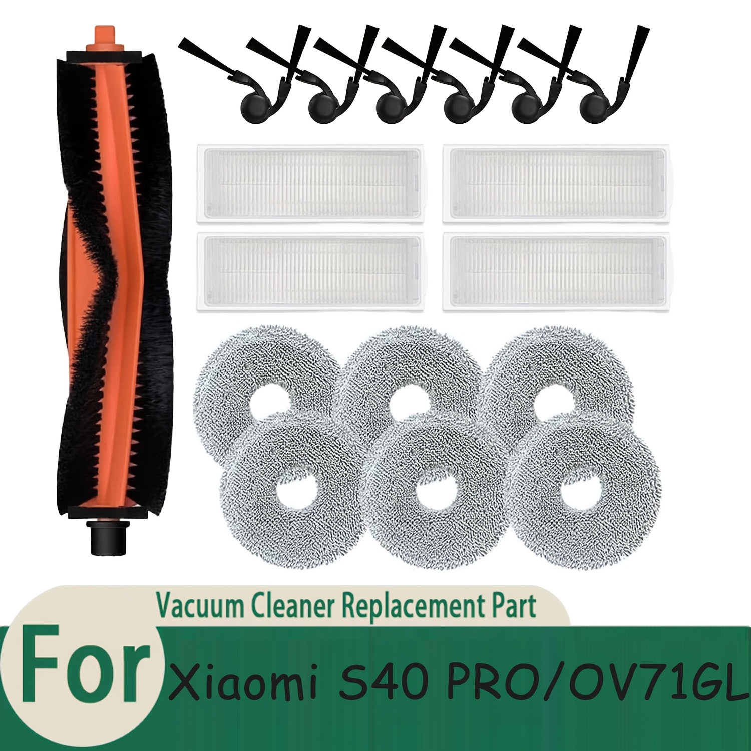 TEMU 17pcs Accessory Set For The For Xiaomi S40 Pro / Ov71gl Robotic Vacuum, Including 1 Main Brush, 4 Hepa Filters, 6 Side Brushes, And 6 Mop Pads