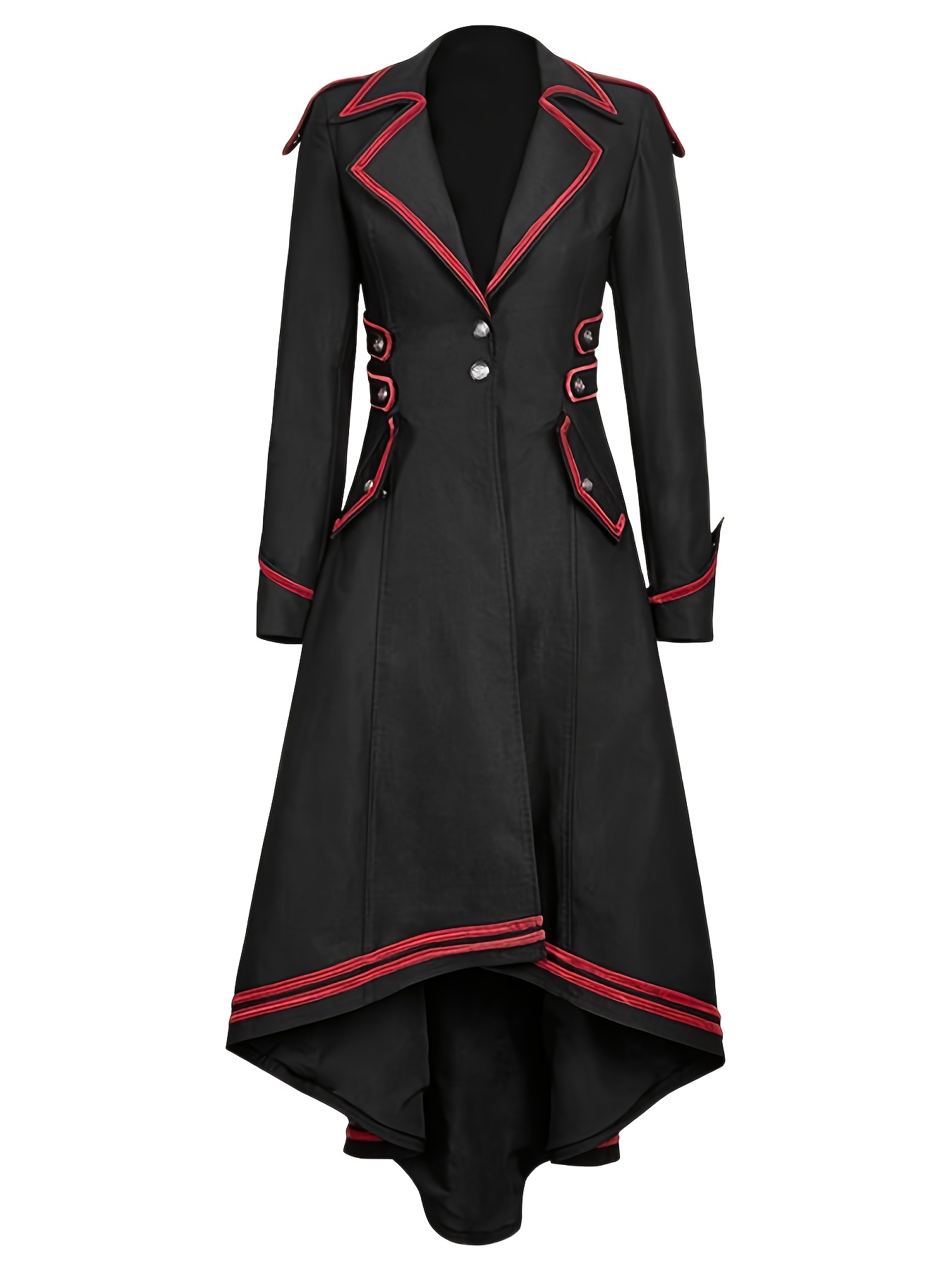 Black Steampunk Retro Women's Tailcoat with Red Trim - Button-Up Gothic Coat with Flared Sleeves, High-Low Hemline & Belted Waist - Perfect for Halloween, Cosplay & Casual Wear, Structured Fabric Design, Goth Accessories
