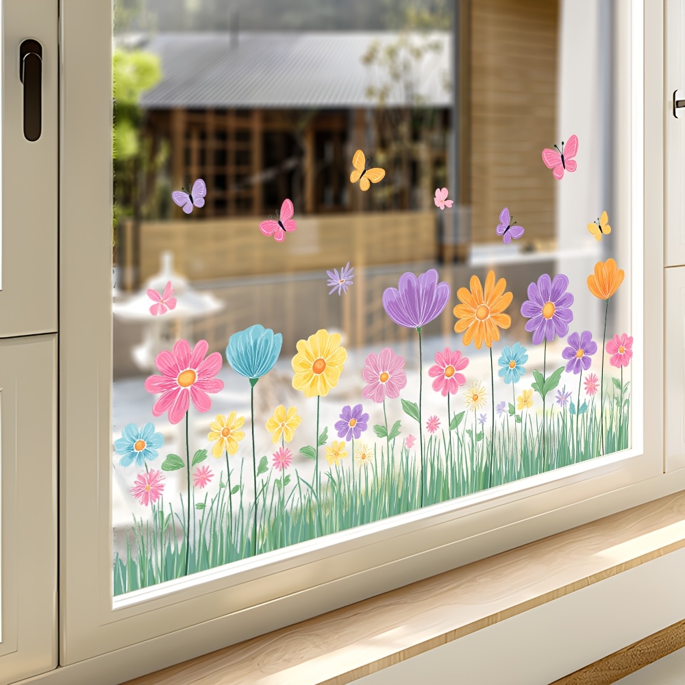 Image of 1pc Spring/summer Floral Window Glass Sticker, Colorful Flower Glass Decal, Self-adhesive Removable Pvc Material Home Window Glass Decoration, Bohemian Style Home Decor Supplies