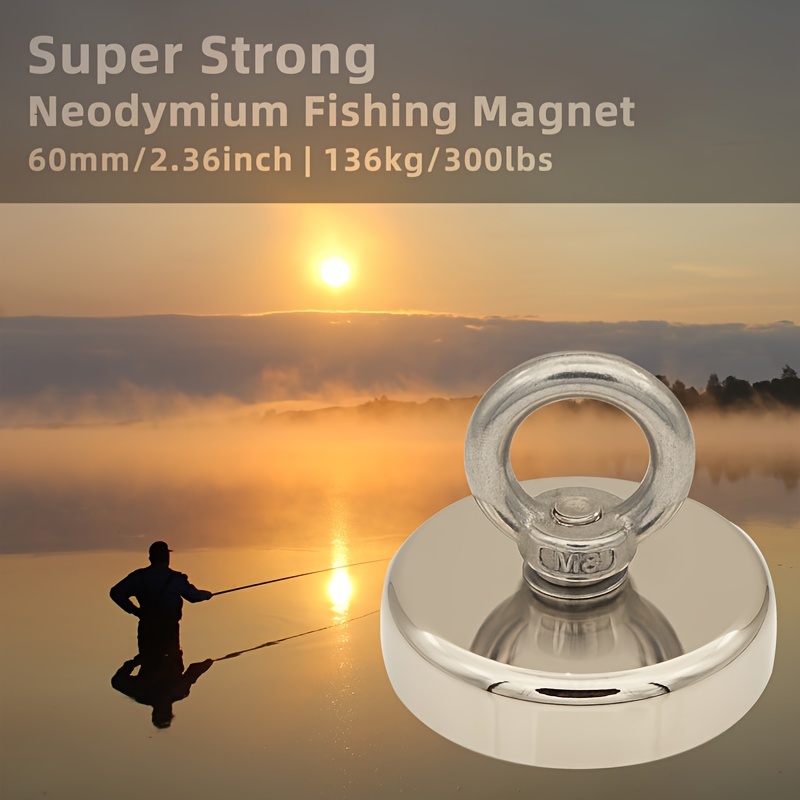 1pc Super Neodymium Fishing Magnet, 300 lbs (136KG) Pulling Force, 2.36  inch (60mm) Diameter, Ultra-Strong Rare Earth Magnet with M8 S304 Eyebolt,  Ide