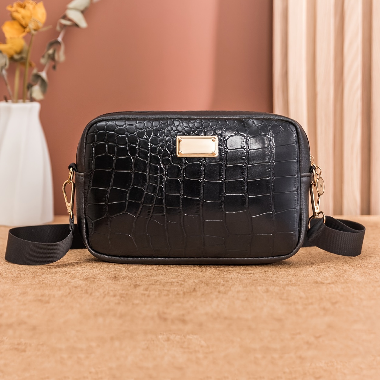 

Sac à main élégant en cuir de crocodile, sac à bandoulière de style simple avec fermeture à glissière pour les tenues de shopping