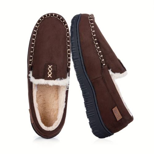 mens memory foam slip on slippers with anti slip tpr sole indoor outdoor house shoes breathable fabric upper plush lining brown moccasin design for home casual slippers