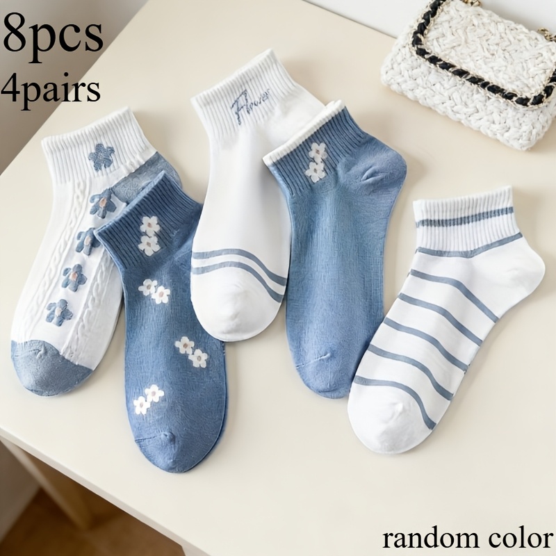 E-shop 8er-Pack/4 Stück Neue, zufällige, niedliche, atmungsaktive, leichte Damen-Socken für Frühling und Sommer - Knöchelsocken mit Blumenmuster für