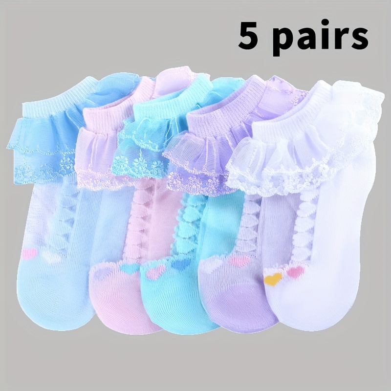 5 Pairs Girls' Ruffle Trim Princess Socks - Suitable For Dance And Casual Attire, Breathable Mesh For Spring, Summer, And Fall