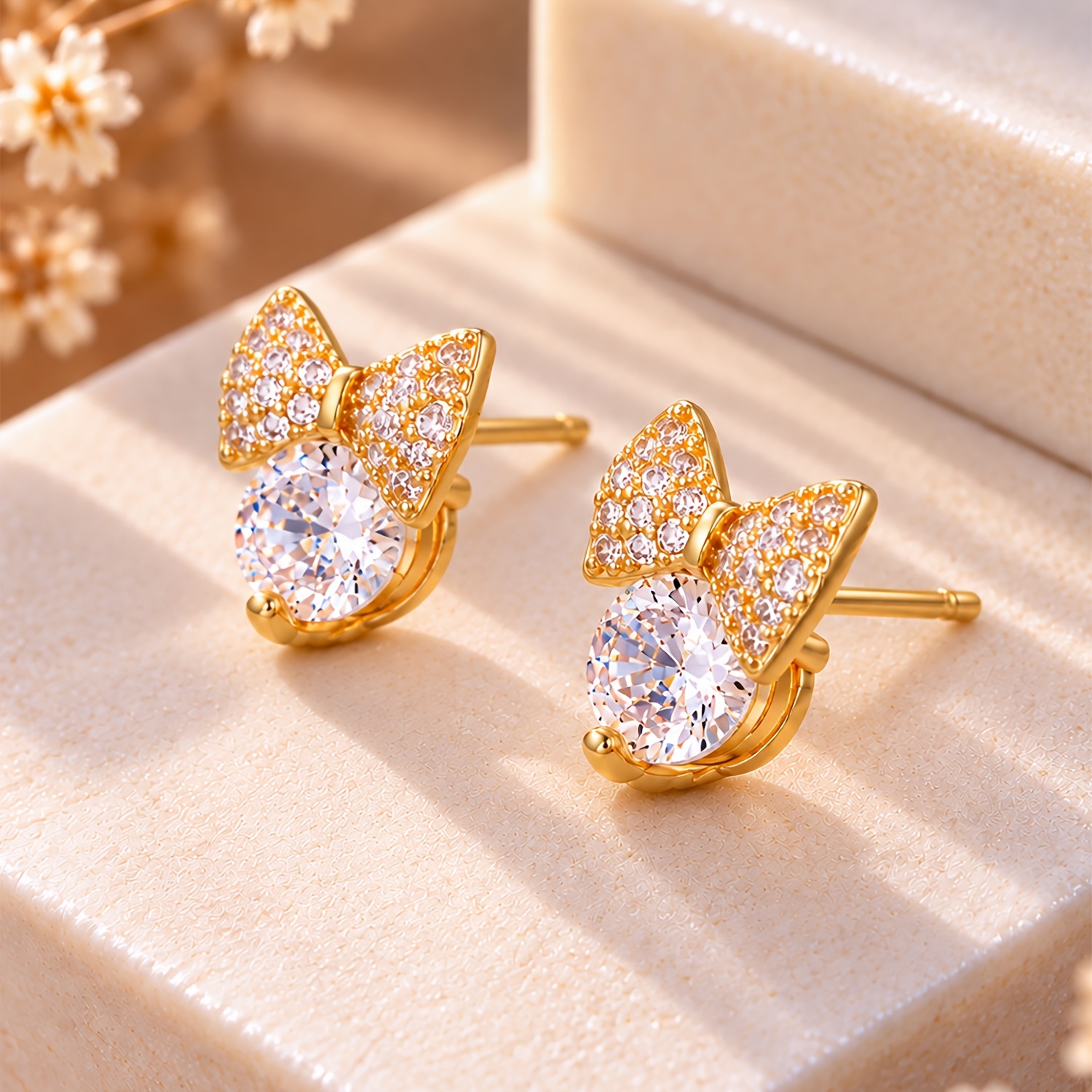 2pcs Vintage-Style Bow Stud Earrings, 14K Gold-Plated