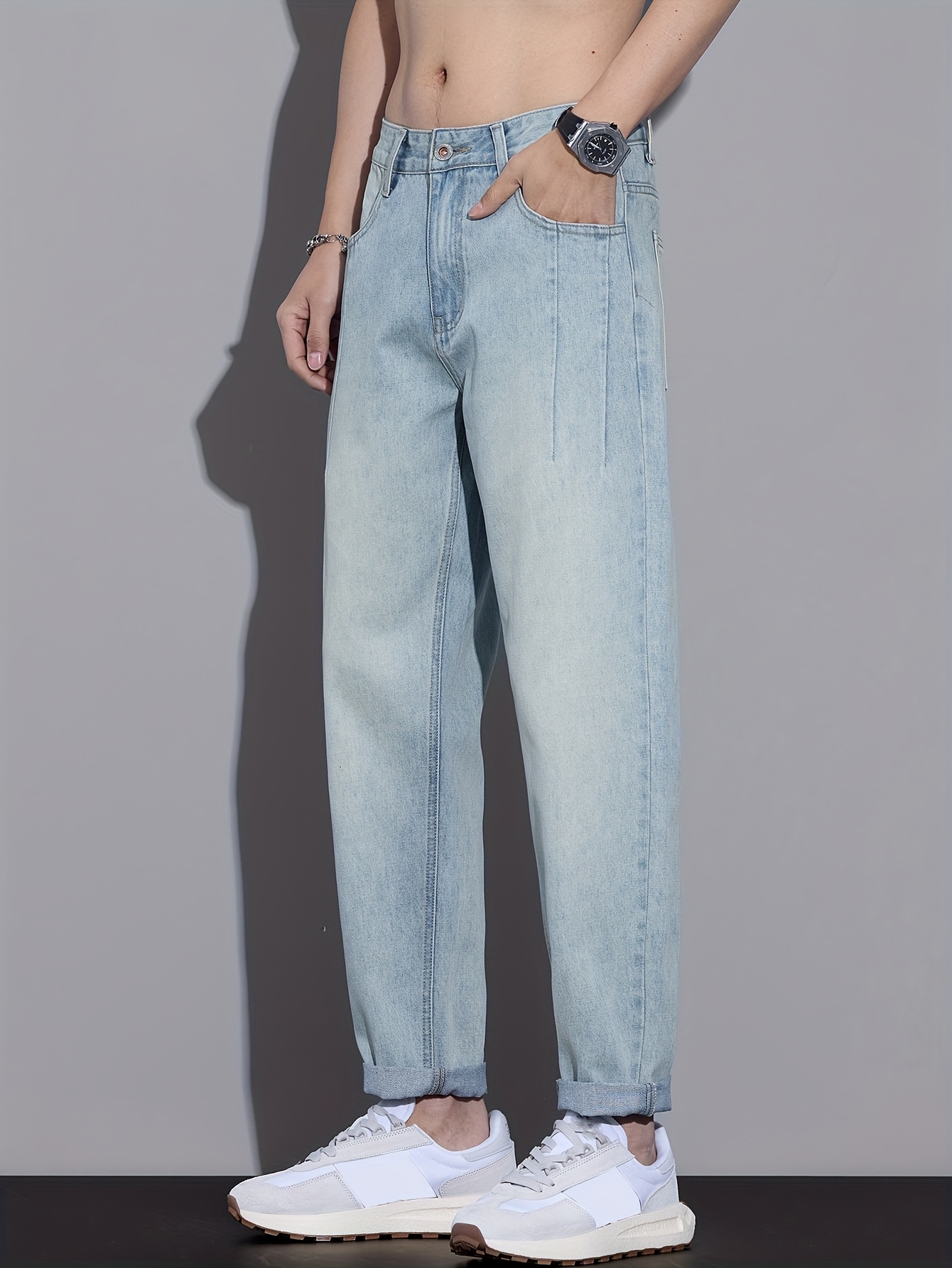 mens light blue straight leg jeans casual denim pants slant Temu