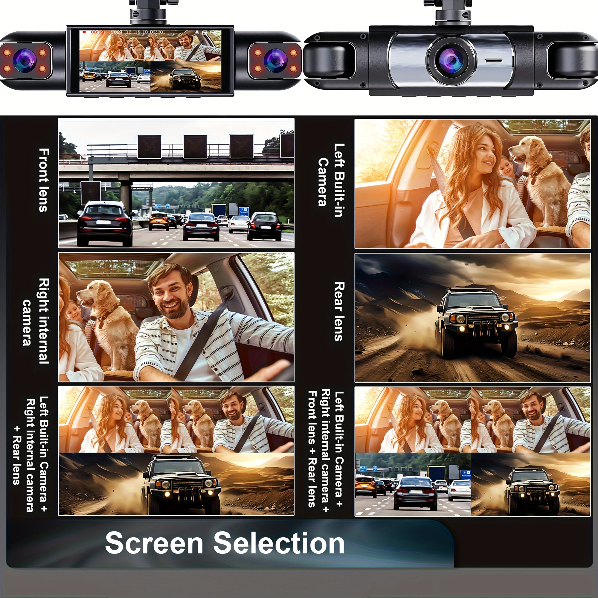 360 car dash cam real 4 channel design   3 channel front 1080p full hd rear   720    with   inch lcd screen rotatable lens night vision loop recording 24 hour parking monitoring Product details 4