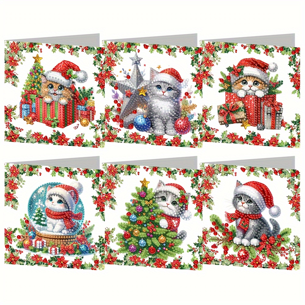 TEMU 6 stuks Kerstkaarten met diamant schilderij van katten - 6 unieke cyperse en leeuw met zwaluwstaart ontwerpen met kerstmutsen, onregelmatige