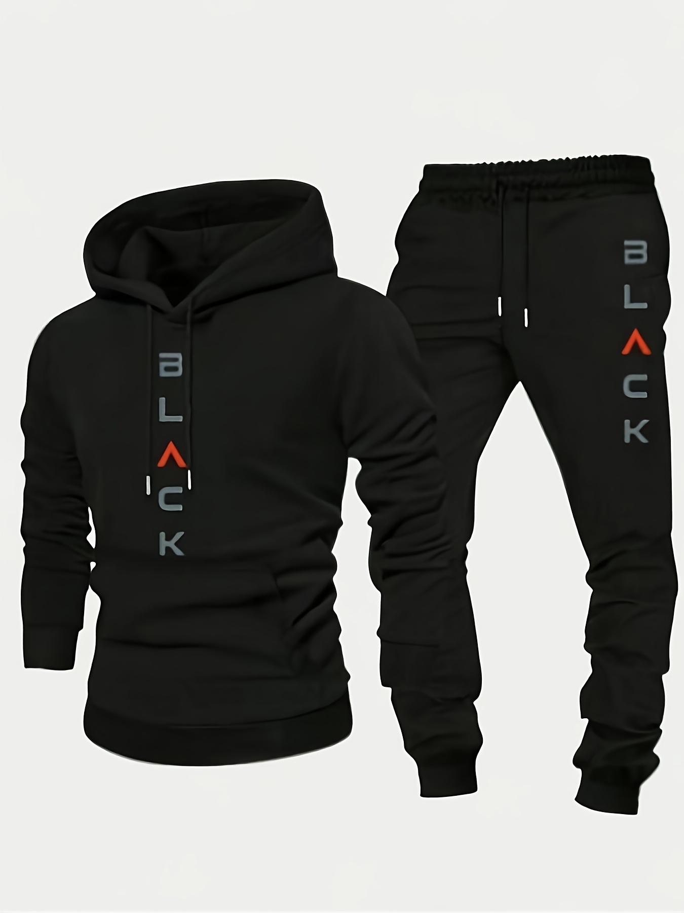 black retro letter print mens two piece set casual round neck long sleeved hooded sweatshirt and sweatpants set suitable for winter and autumn sportswear set