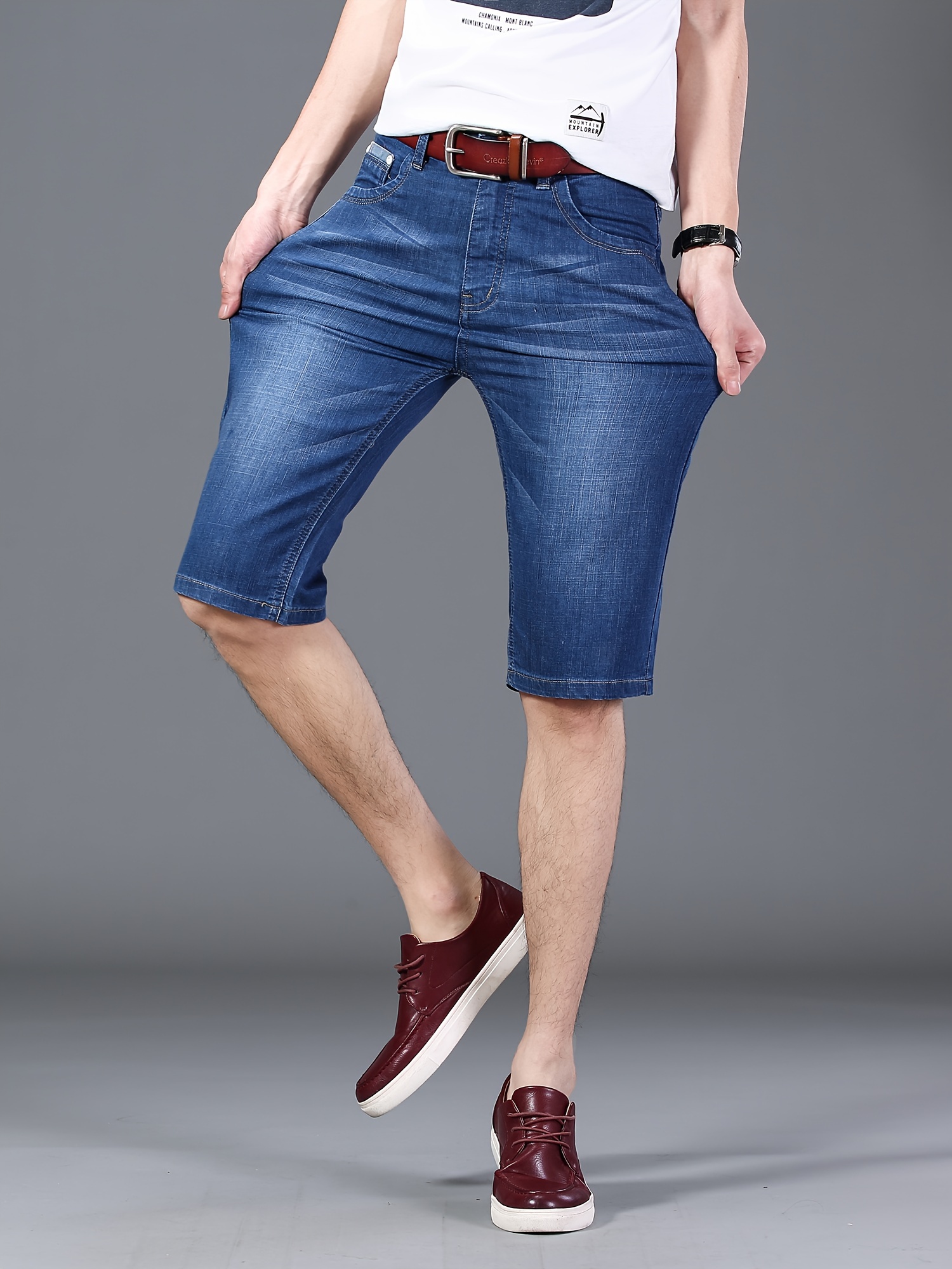 Men's Solid Denim Shorts With Pockets, Casual Cotton Blend Jorts For