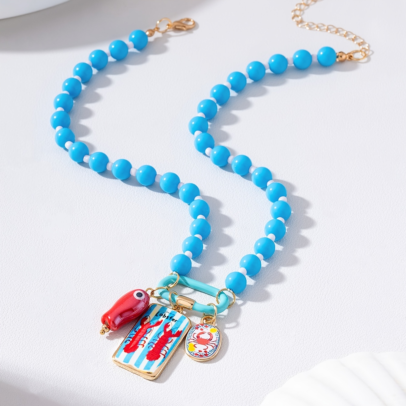 TEMU 1pc Fashionable Vacation Ocean-themed Beaded Enamel Lobster Pendant Necklace, Summer Beach Necklace Suitable For Women' Wear, Gifting, Parties,