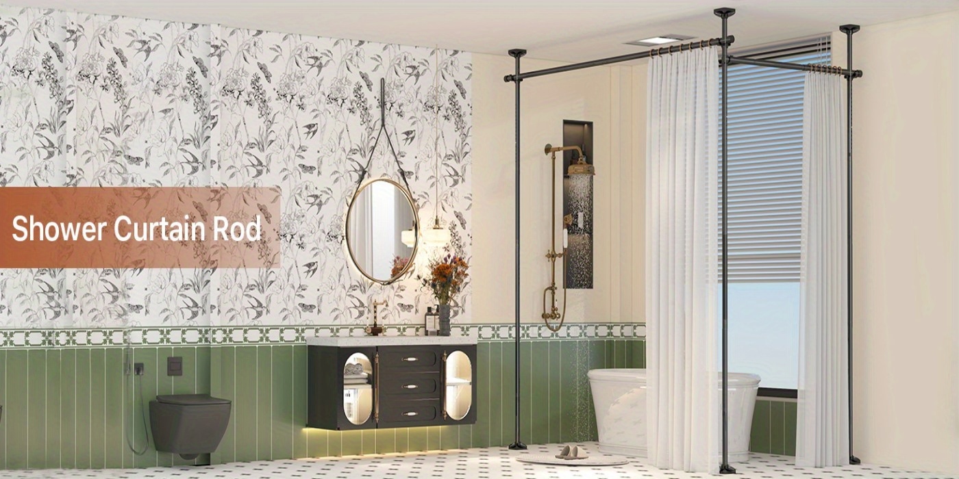 No Drill Room Divider Curtain Rod - Heavy Duty Adjustable Freestanding Partition with Tension Mount (No Drilling Required) - Frame Suitable for Apartments, Offices, Dorms - Easy Install/Remove, Height 4-10ft, Width 28-114in (Black/White)