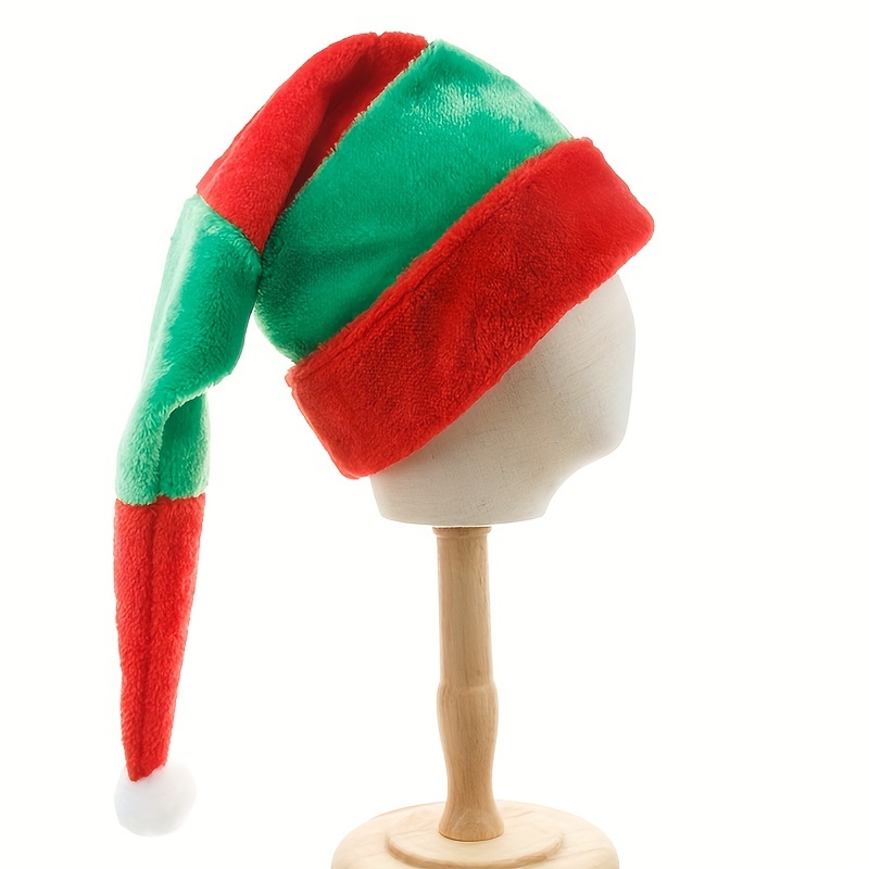 

1pc Red & Green Striped Plush Christmas Hat - Holiday Parties, Elf Costumes & Clown Outfits