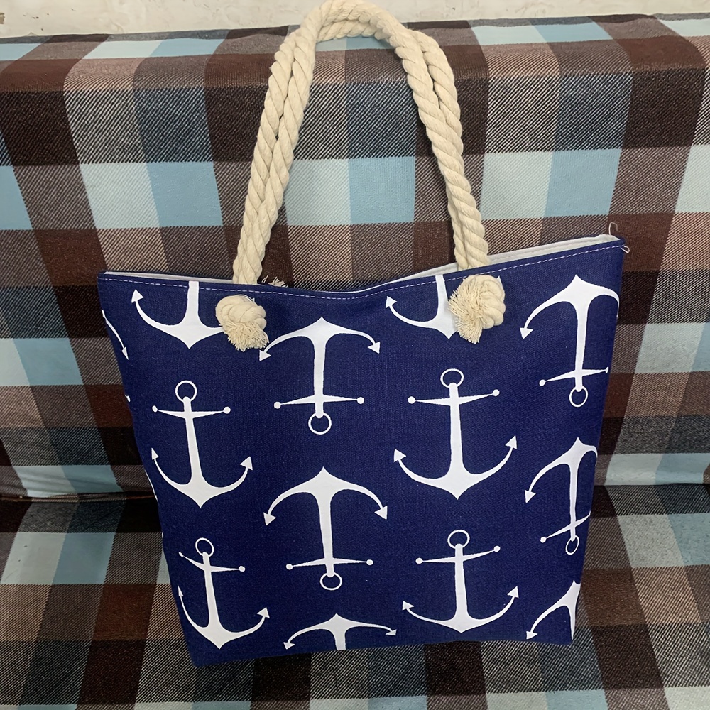 

Large Capacity Anchor Pattern Canvas Tote Bag For Women With Comfortable Rope Handle, Casual Zippered Beach Shoulder Bag With Removable Strap And Polyester Lining, Travel And Outdoor Canvas Tote