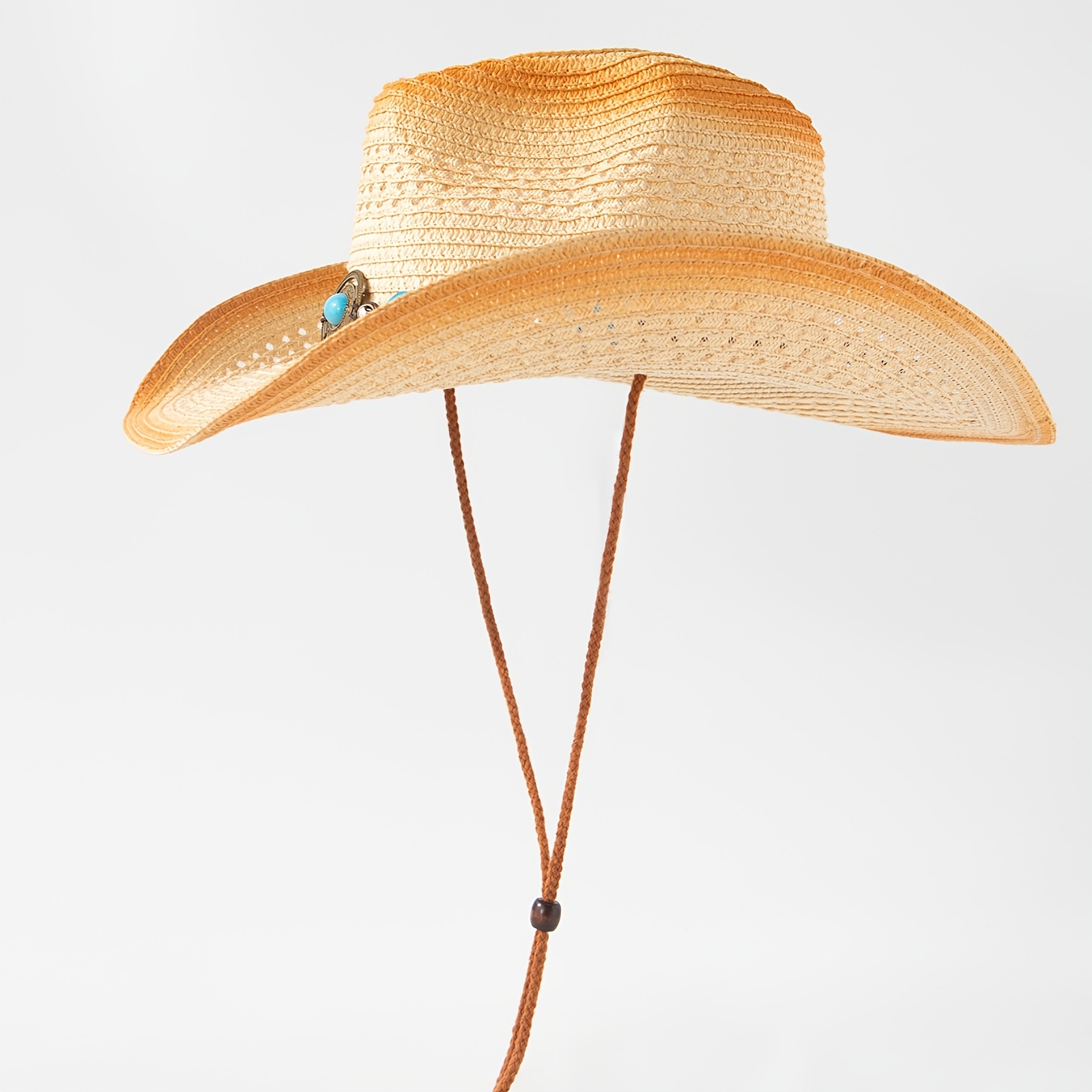 Straw Sun Hat with Turquoise Bead Trim Panama Fray - Natural Hand Woven Fray Straw Hat With  main image 4