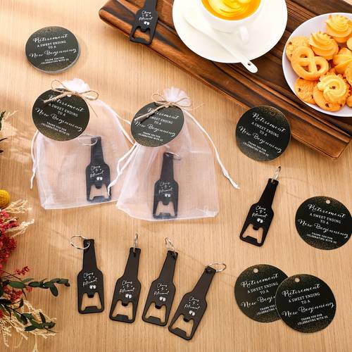 50 sets retirement party favors for guests cheers to retirement bottle opener keychain bulk with thank you tags organza bags retirement party thank you gift idea souvenirs