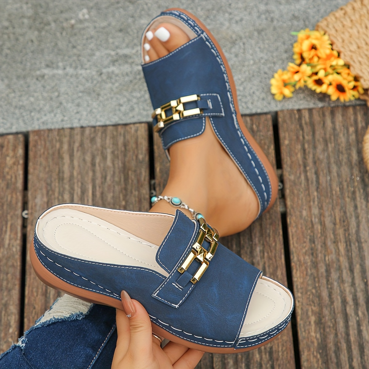 Chic Navy Blue Women'* Sandals with Golden-Tone Chain Detail  Comfortable Open Toe, Thick Sole Cover Summer Shoes for Casual Wea