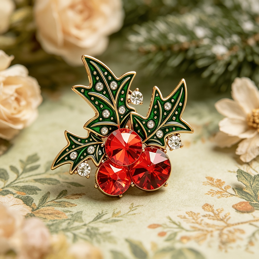 TEMU Vintage Christmas Berry Brooch Featuring Design, With Green Enamel-glazed Leaves And Red Artificial Crystals. Full Of Festive Atmosphere, And