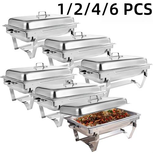 9 Qt 1/2/4/6/8 Pack Stainless Steel Chafing Dishes | Full Size Silver Rectangular Catering Chafer Warmer Set with Trays, Pan Lid, Folding Frame Stand, Polished 201 Stainless Steel, Cooking