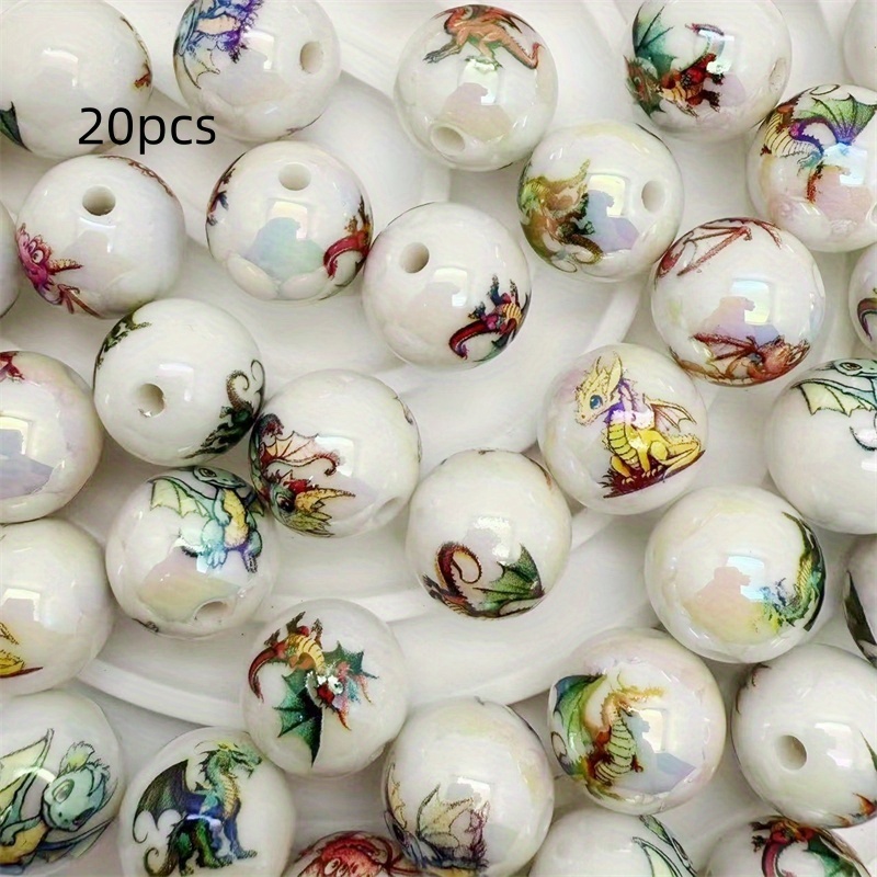E-shop 16mm Acrylperlen mit Drachenmuster Beschichtung, gerades Loch, ideal für DIY-Schmuck wie Armbänder, Halsketten, Handyketten, Schlüsselanhänger
