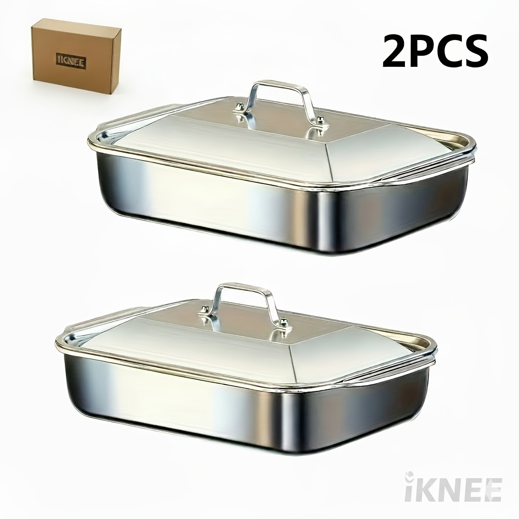 TEMU 2pcs Stainless Steel Rectangular Baking Pans With Steel Lids - 6-liter Large Capacity, 16.14-inch Deep Baking Pan, Fish Pan, Grill Pan, Pan,