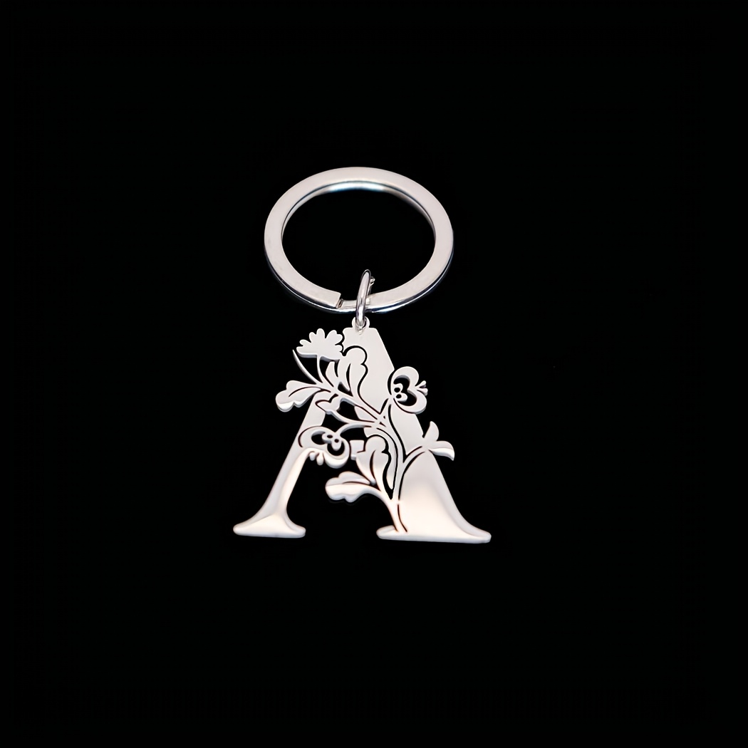TEMU 2026 New Fashionable Stainless Steel Cut A-z Letter Pendant Keychain Men And Women Temperament Versatile Floral 26 Chain Pendant Additions