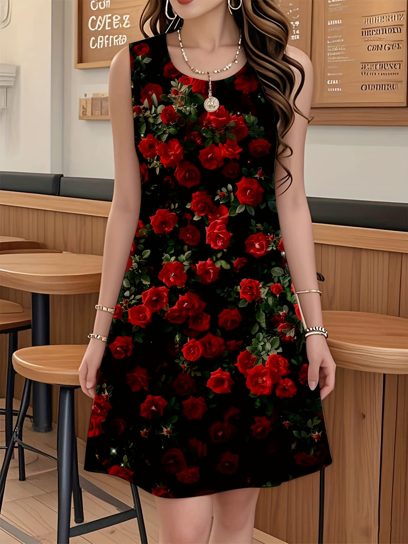brown embroidered rose dress temu Floral Print Chiffon Maxi Dress