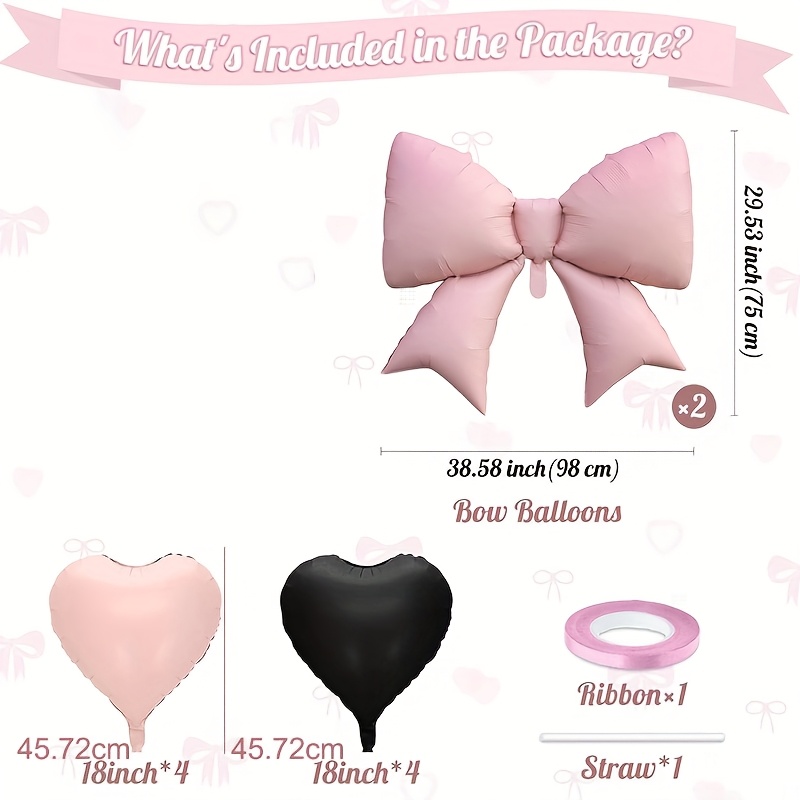 Image of 18-inch Pink And Black Heart Bow Aluminum Foil Balloon Set For Camping-themed Party Decoration, Graduation, Bride Gift Party Backdrop Decoration, Wedding And Birthday Party Supplies