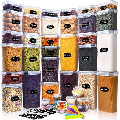 42pack airtight pantry storage container set with lids kitchen food organization and storage with labels marker bpa free plastic leak proof canisters for food flour and sugar