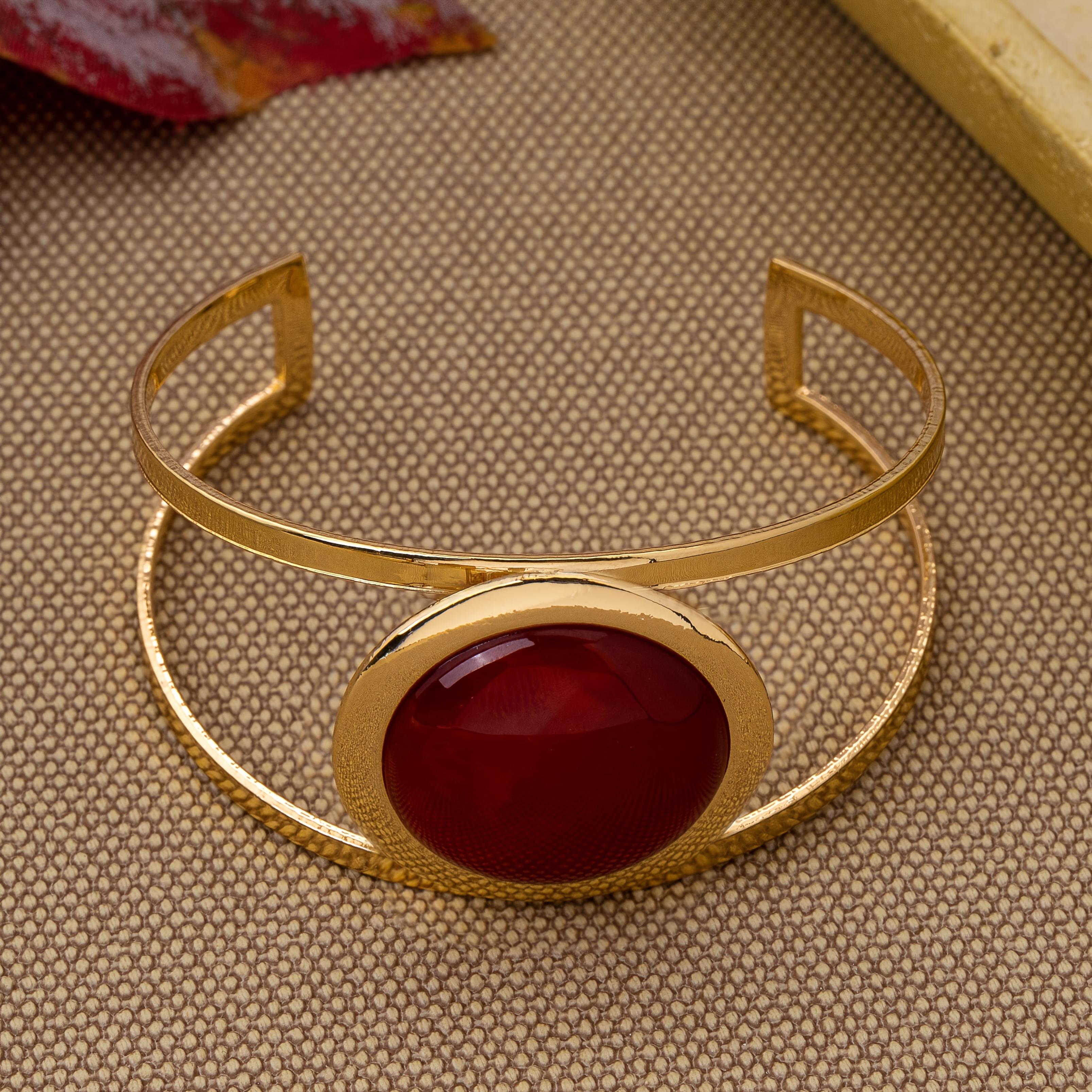 TEMU 1pc Fashionable Double-layer Wrought Iron Open Bangle With A Hollowed-out Center, With A Red Geometric Acrylic Resin Accent. An Elegant Red